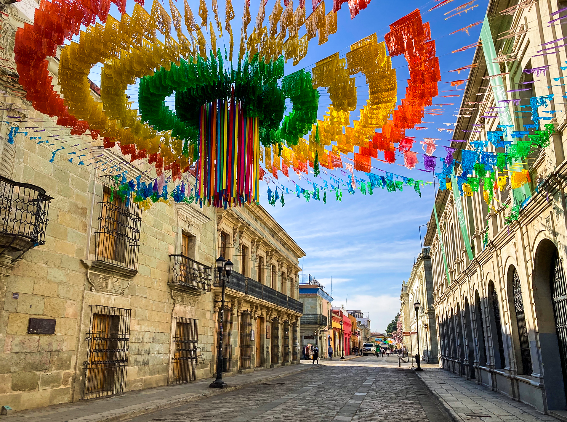 banners and colourful streamers hanging from  building